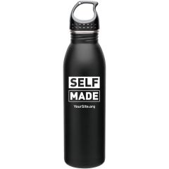 Black stainless steel bottle with an imprint saying self made and yoursite.org text below