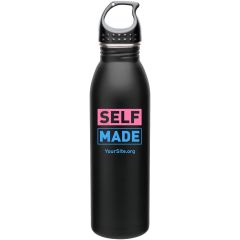 black stainless steel bottle with a screwable black lid and a two color imprint in pink and blue that says self made with yoursite.org text below