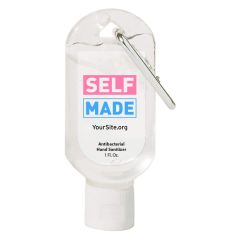 hand sanitizer bottle with white lid, silver carabiner, and an imprint saying self made with yoursite.org text below