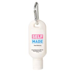 white sunscreen bottle with silver carabiner and an imprint saying self made with yoursite.org text below