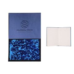 metallic blue journal with a zippered pocket and a debossed imprint saying WordPress printers