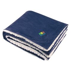 navy sherpa blanket with an embroidered imprint saying asd museum