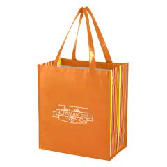 an orange shopper tote bag with an imprint saying Bowman Deli
