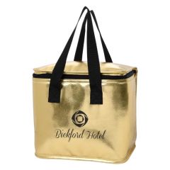 metallic lunch bag with carrying handles and zippered main compartment