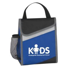 blue and black lunch bag with side mesh pocket, carrying handle, and an imprint saying kids kindergarten development school