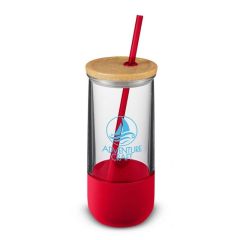 clear acrylic tumbler with plastic lid, red straw and red bottom grip and an imprint saying Adventure Craft