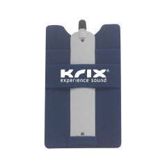 navy silicone phone wallet with an imprint saying KRIX experience sound