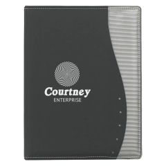 personalized black and silver portfolio with an imprint on front saying Courtney enterprise