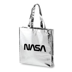 silver metallic tote bag with an imprint saying nasa