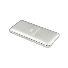 silver power bank with a power button indicator and an imprint saying Roche EtQ Project