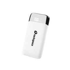 white power bank with a silver tip with a display and an imprint saying rackspace