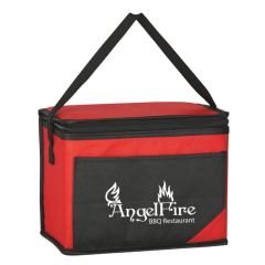 red and black cooler bag with an adjustable strap, front pocket, and zippered main compartment
