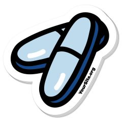 a sticker of pills with yoursite.org text to the right