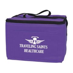 purple lunch bag with front pocket and zippered main compartment