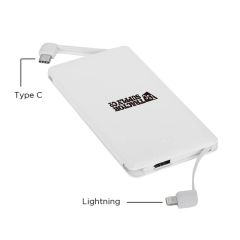white soft touch power bank with an imprint saying tractor supply co.