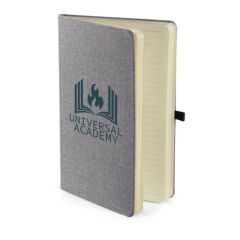 gray snow canvas notebook with an imprint saying Universal Academy