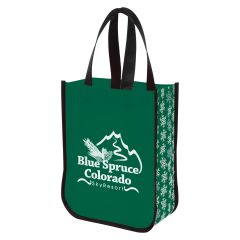 green tote bag with snow flurry design on the sides and an imprint saying Blue Spruce Colorado SkyResort