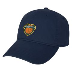 navy hat with embroidered stitching saying youth league braxton