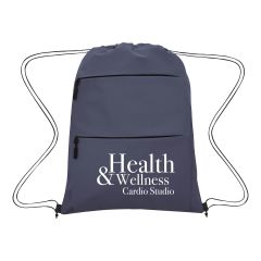 blue soft touch drawstring bag with 2 zippered compartments and an imprint saying Health & wellness cardio studio