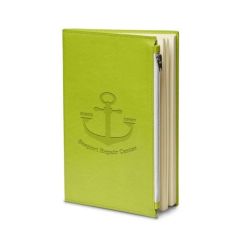 green journal with a front zipper pocket and an imprint saying seaport repair center