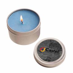 personalized blue single wick candle with round tin container