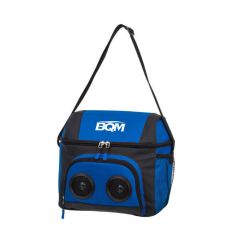 blue cooler bag with multiple compartments and bluetooth speakers