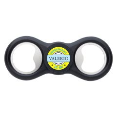 personalized black spinner bottle opener with an imprint saying valerio strength and beauty and est. 1987 text below