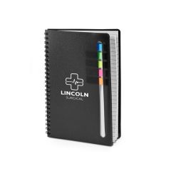 black spiral notebook with sticky flags in blue, green, yellow, pink, and orange with an imprint on the front saying Lincoln Surgical