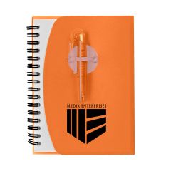 orange spiral notebook with pen and customized imprint