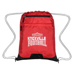 red drawstring bag with front zippered pocket and compartment and an imprint saying knoxville football