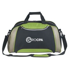 black duffel bag with green trim, several compartments, carrying handle and adjustable straps, and an imprint saying ROCPA