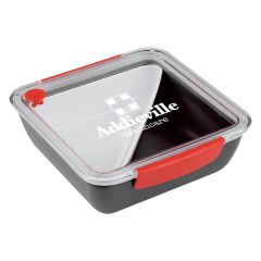 personalized red lunch container with an imprint saying addieville healthcare, a plastic fork, removable tray, built-in vent, and lid with side clips
