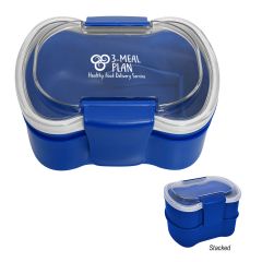blue collapsible food container with foldable spoon and lid with side clips and an imprint saying 3-meal plan healthy food delivery service