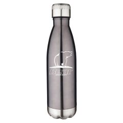 Gray stainless steel bottle with silver cap and bottom and an imprint of a polar bear and text below saying Bear Archery