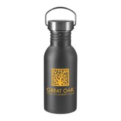 charcoal stainless steel bottle with a screwable top and an imprint saying Great Oak Golf & Country Club