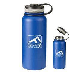 blue stainless steel bottle with a screwable lid and an imprint saying Flagship Mountain
