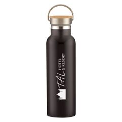 black stainless steel bottle with bamboo lid and an imprint saying TAL Hotel & Resort