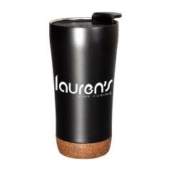 a black stainless steel tumbler with a cork base, black lid, and an imprint saying Lauren's fine cuisine