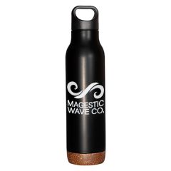 a black stainless steel bottle with a cork base and an imprint saying Magestic Wave Co.