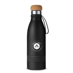 a black stainless steel water bottle with a cork lid and silicone strap and an imprint saying Bear Camp Summer Time Fun For Kids