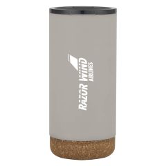 gray stainless steel tumbler with a clear lid, cork bottom, and an imprint saying razor wind airlines