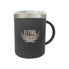 gray stainless steel mug with a clear lid and an imprint saying Flying V