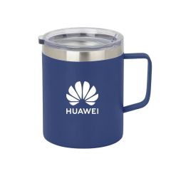 blue stainless steel mug with a clear lid and an imprint saying Huawei