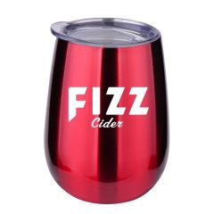 red stainless steel stemless cup with a plastic lid and an imprint on the front saying Fizz Cider