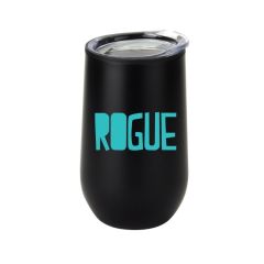 black stemless wine cup with a clear lid and an imprint on front saying Rogue