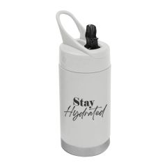 white stainless steel tumbler with plastic lid and an imprint saying stay hydrated