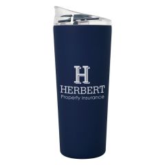 blue stainless steel tumbler with a clear lid and an imprint saying herbert property insurance