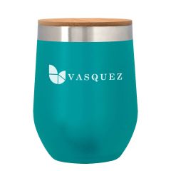 teal stemless stainless steel tumbler with a bamboo lid and an imprint saying Vasquez