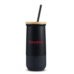 black tumbler with a plastic natural lid, black straw, and an imprint saying Lauren's Fine cuisine