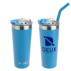 blue stainless steel tumbler with an imprint saying Deux Resort & Spa